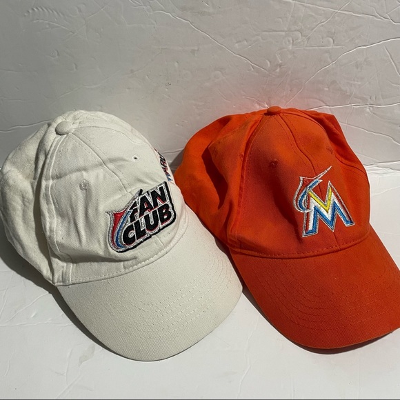 Bundle Of Two Marlins Hats White And Orange 2015 Fan Club White Adjustable Caps - Picture 1 of 7